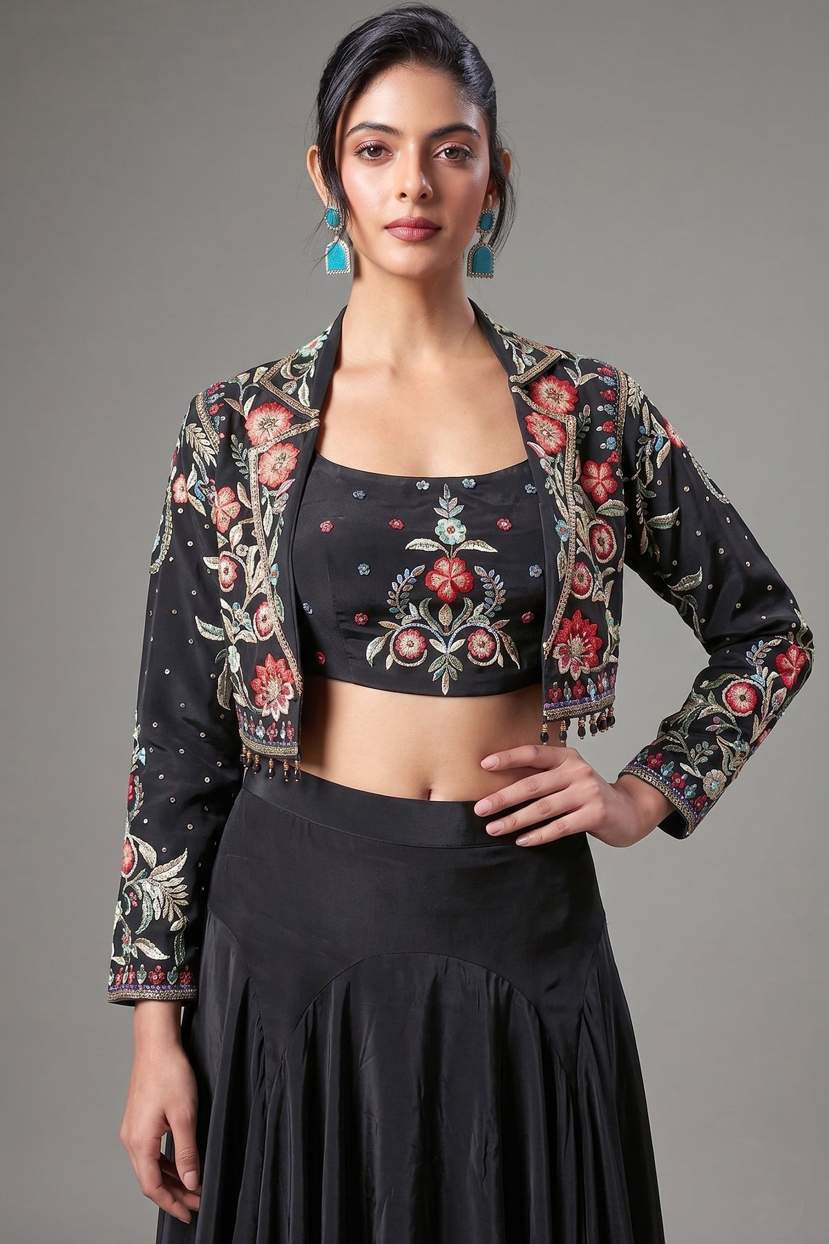 Black Crepe Silk Floral Embroidered Crop Top with Mermaid Cut Lehenga and Jacket - red silk saree embroidered