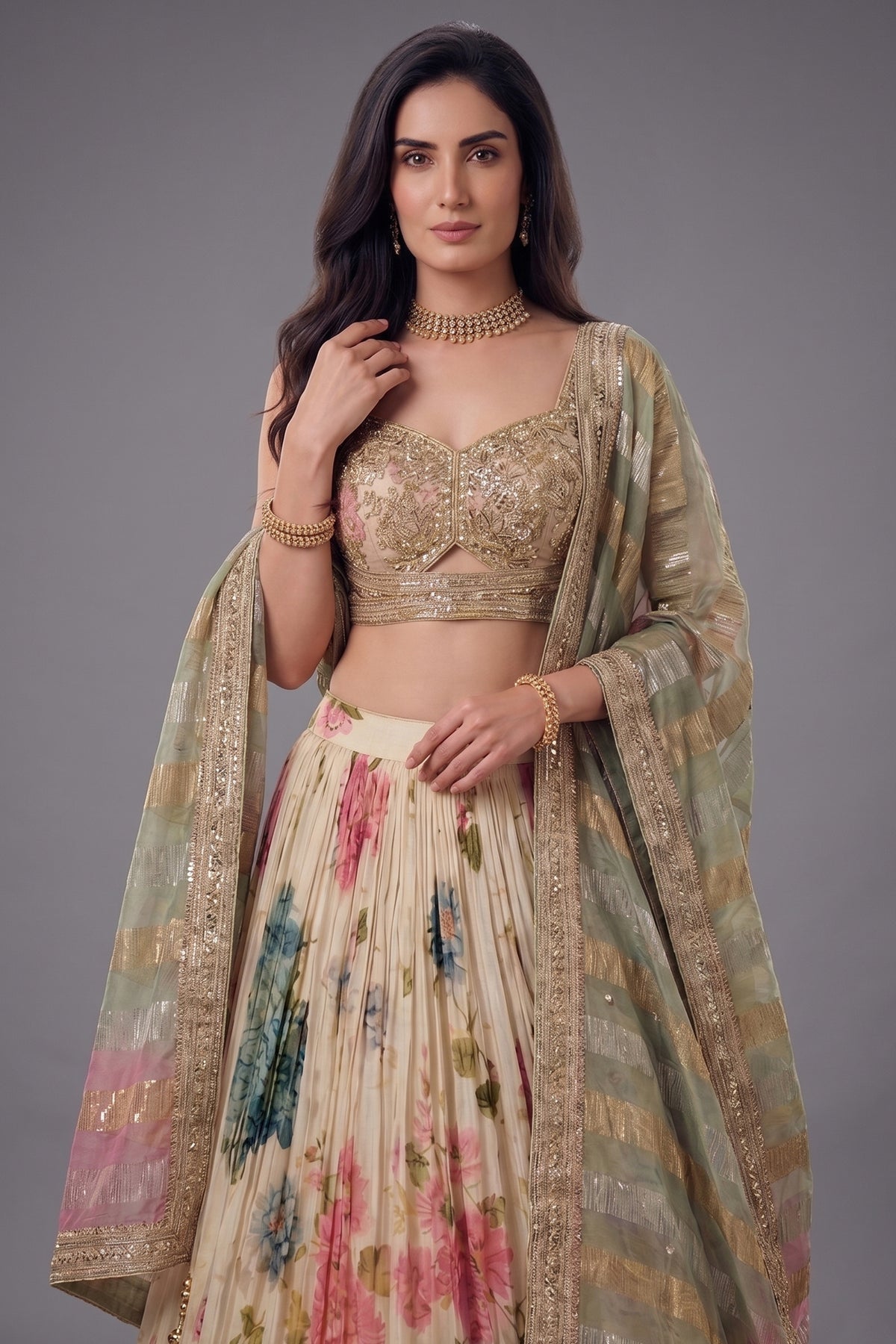 Cream Chinon Silk Flared Lehenga - red silk saree