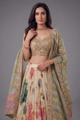 Cream Chinon Silk Flared Lehenga - red silk saree