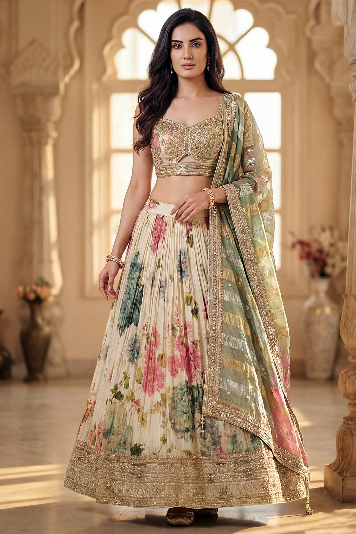 Cream Chinon Silk Flared Lehenga - red silk saree