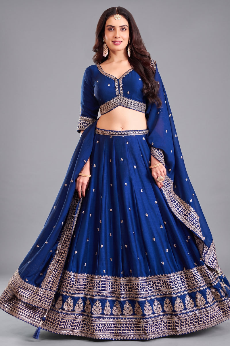 Blue art silk sequin embroidered lehenga - front view with deep navy base