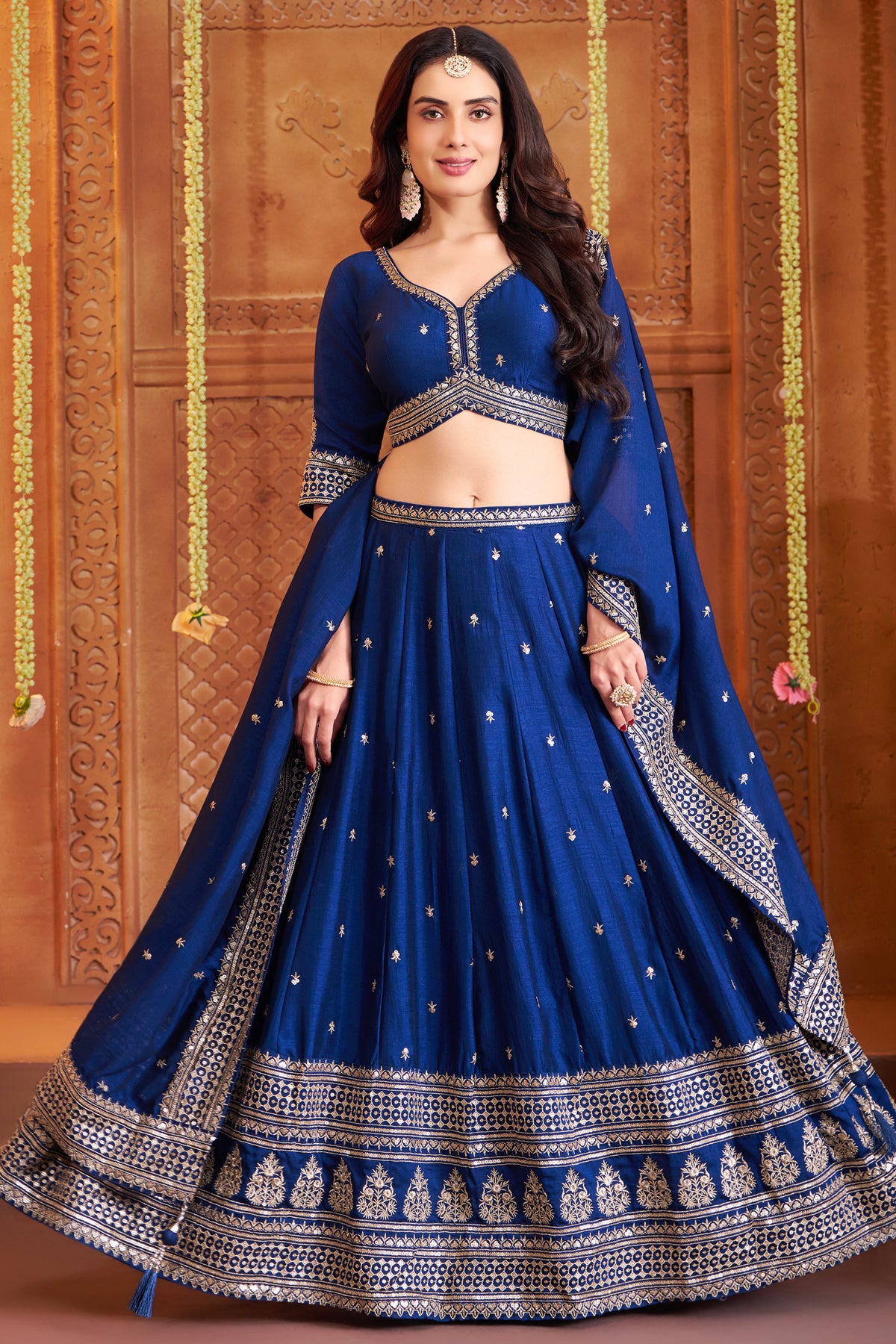 Blue art silk sequin embroidered lehenga full-length with navy blue dupatta