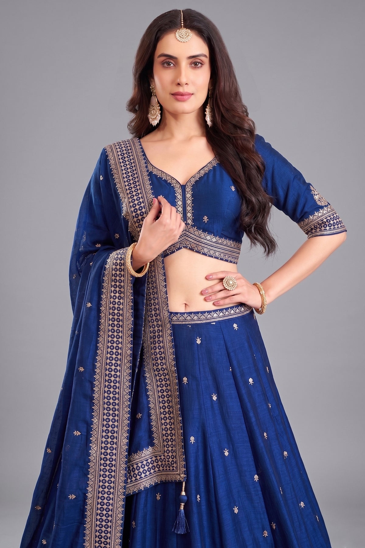 Blue art silk sequin embroidered lehenga back view with heavy sequin work