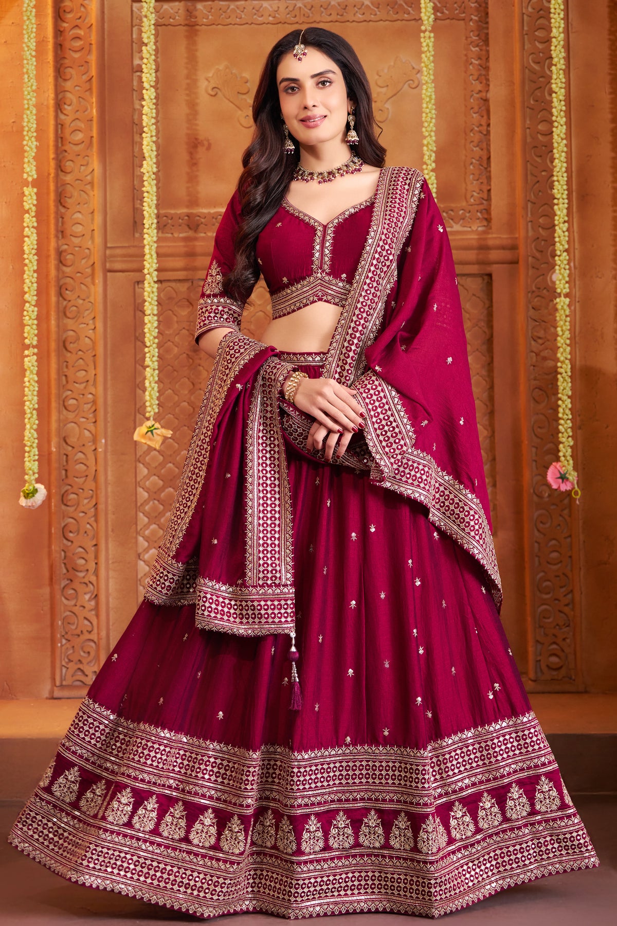 Wine art silk sequin embroidered lehenga full-length view with vibrant sequin detail