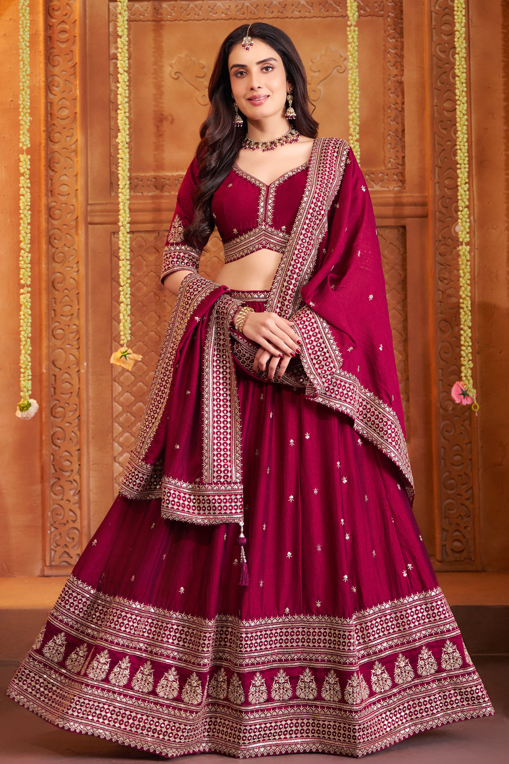 Wine art silk sequin embroidered lehenga full-length view with vibrant sequin detail