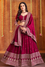 Wine art silk sequin embroidered lehenga full-length view with vibrant sequin detail
