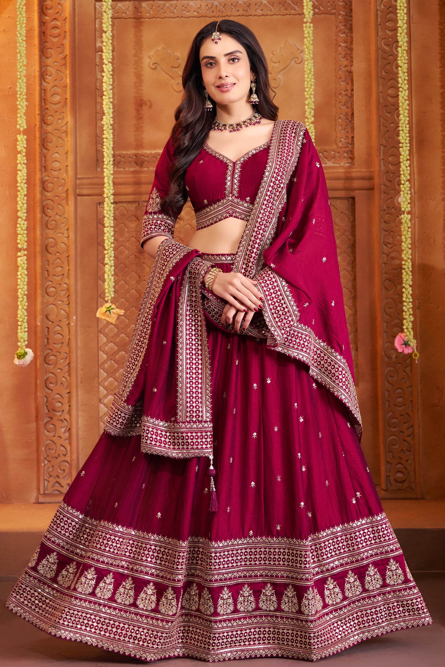 Wine art silk sequin embroidered lehenga full-length view with vibrant sequin detail