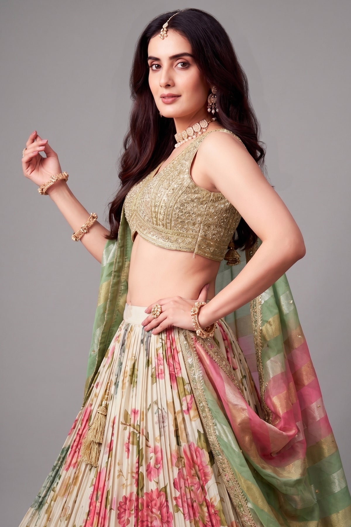 Cream Chinon Silk Floral Digital Printed Lehenga - cream silk saree