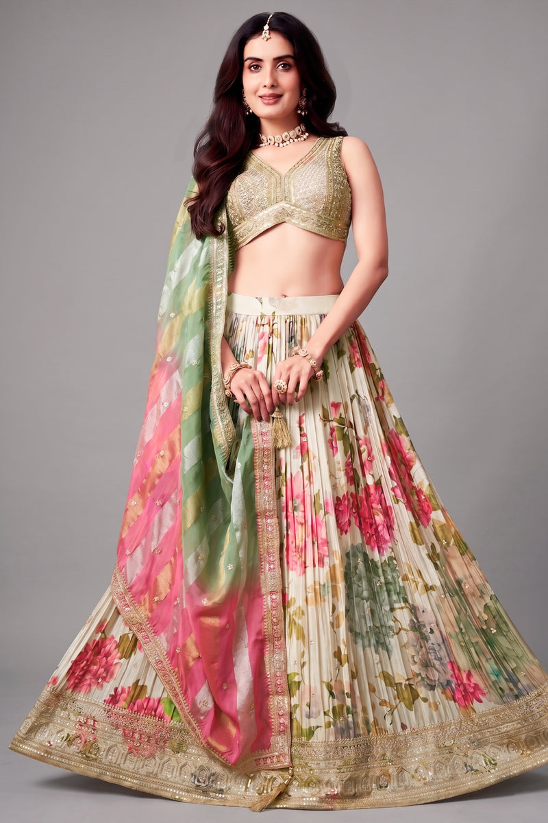 Cream chinon silk lehenga with digital floral print - front view