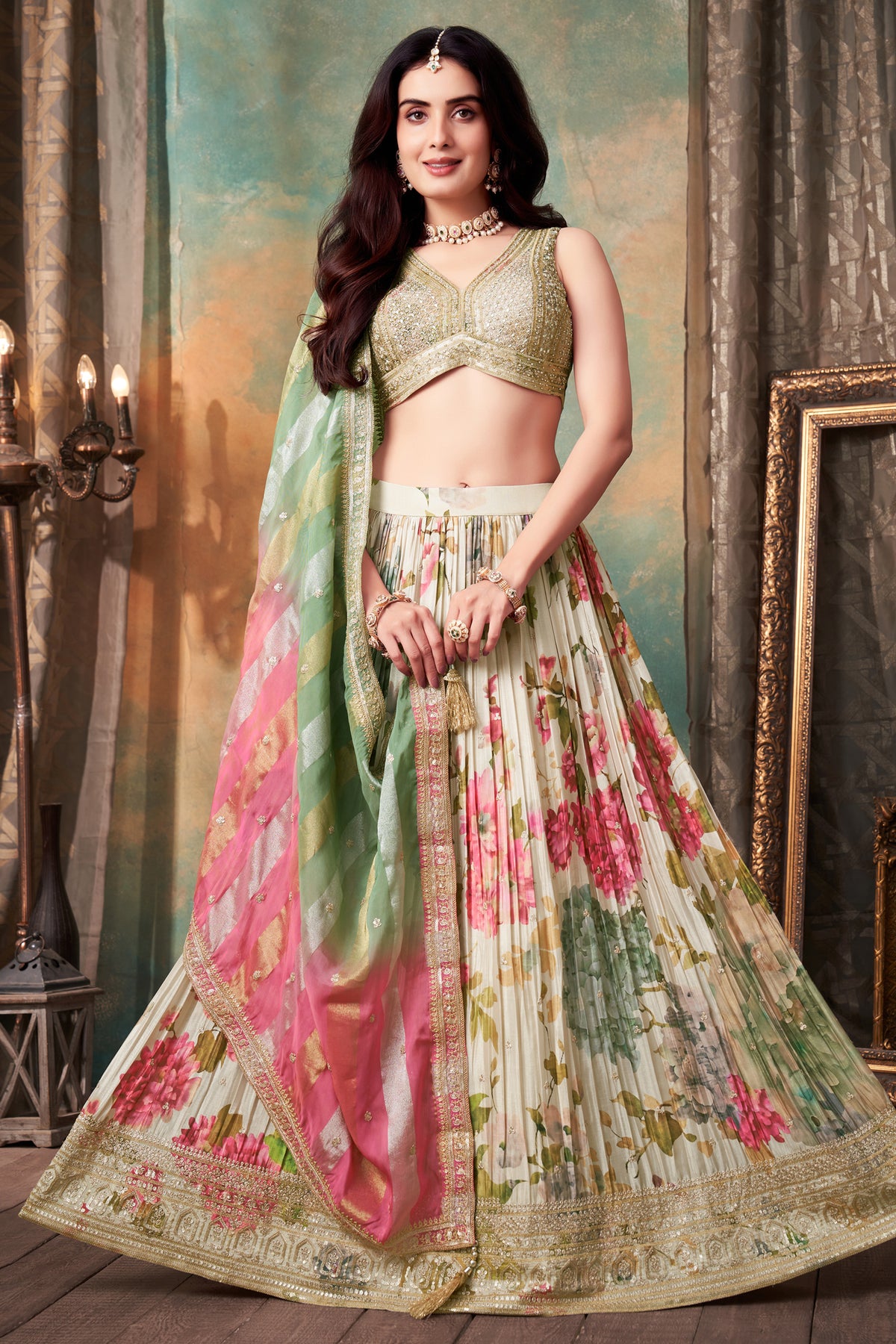 Cream Chinon Silk Floral Digital Printed Lehenga - cream silk saree