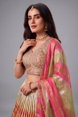 Cream organza embroidered lehenga with pink blouse - side view