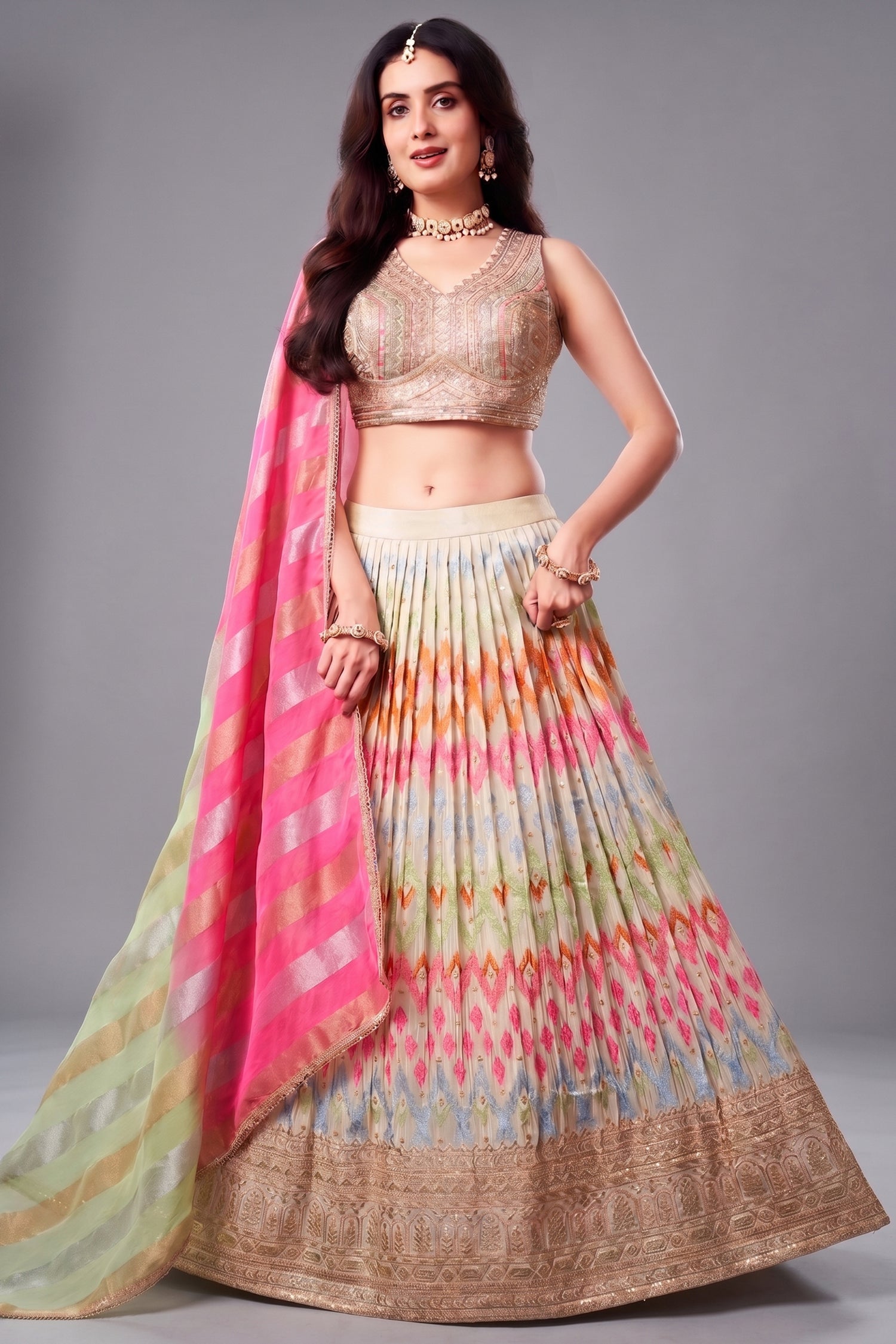 Cream organza embroidered lehenga with multi-thread work - front view