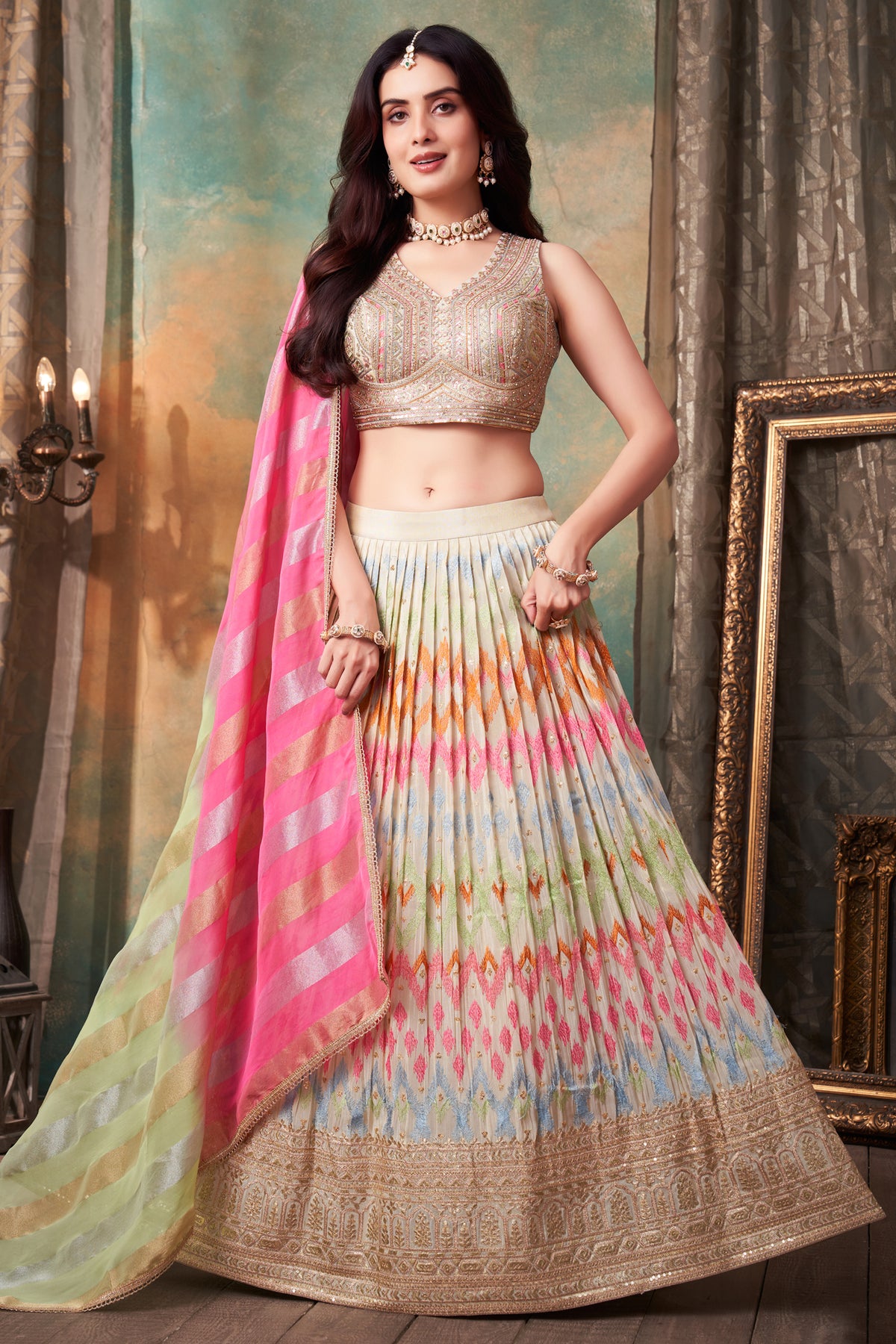 Cream organza lehenga full-length view with embroidered dupatta