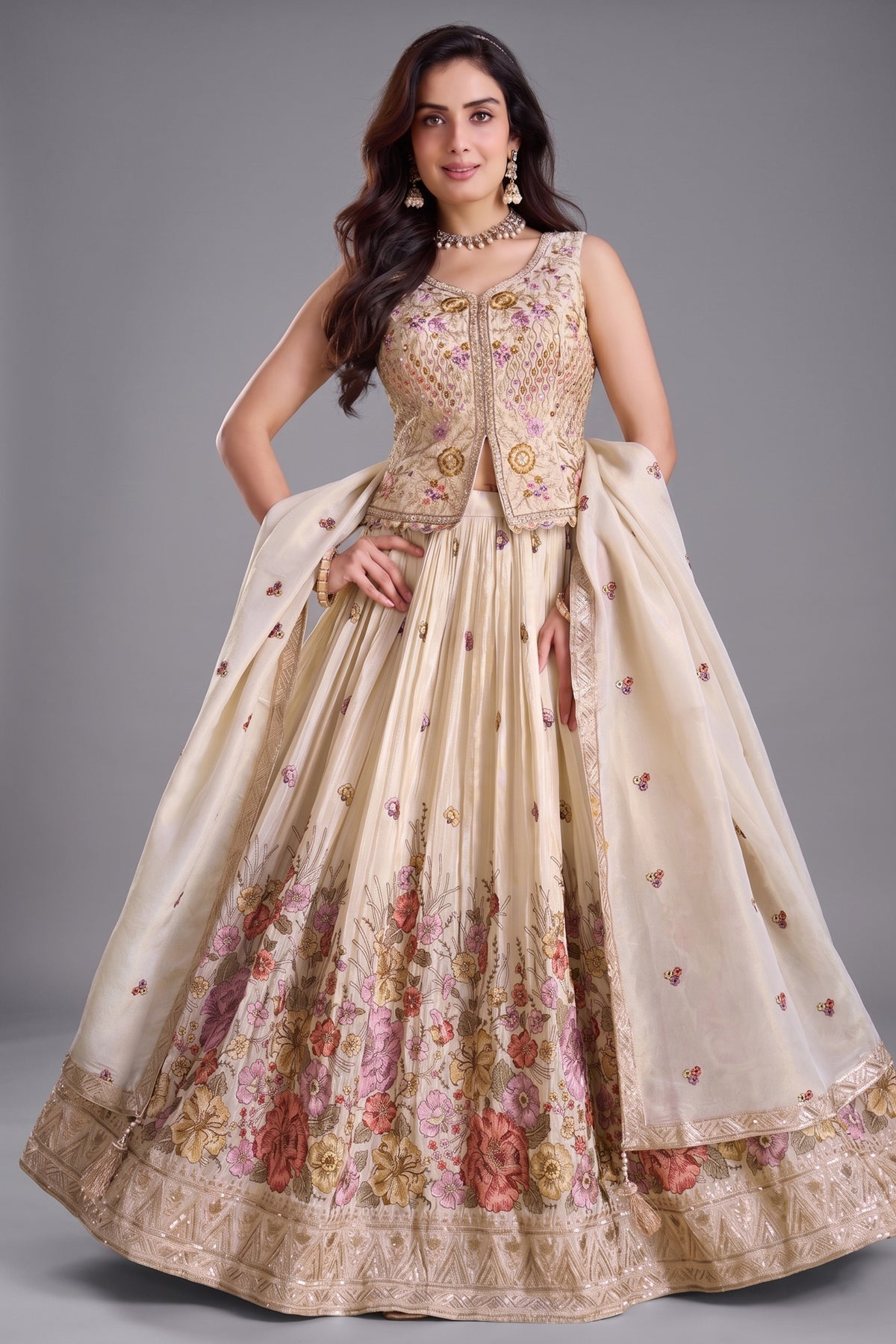 Cream chinon embroidered lehenga with floral thread work - front view