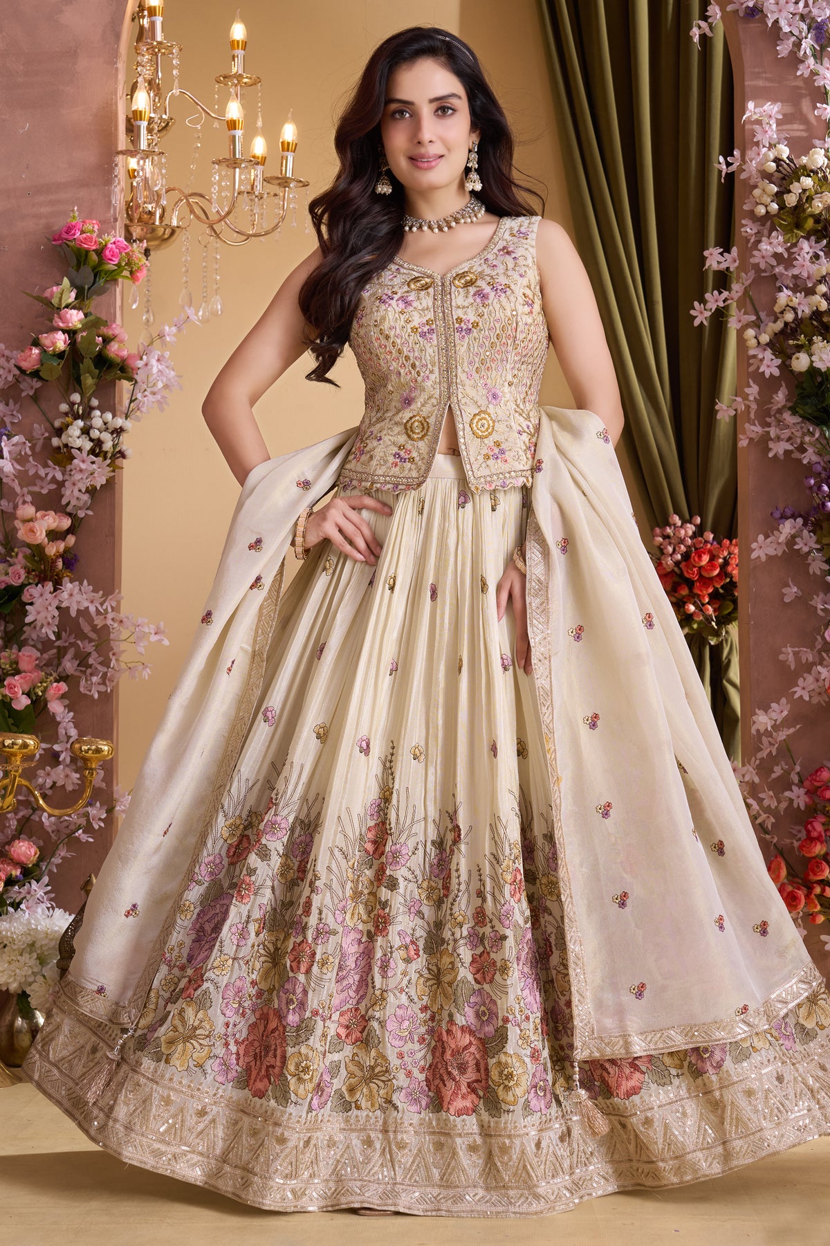 Cream chinon embroidered lehenga detail showcasing intricate Resham work