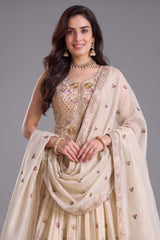 Cream chinon embroidered lehenga - back view with Resham work