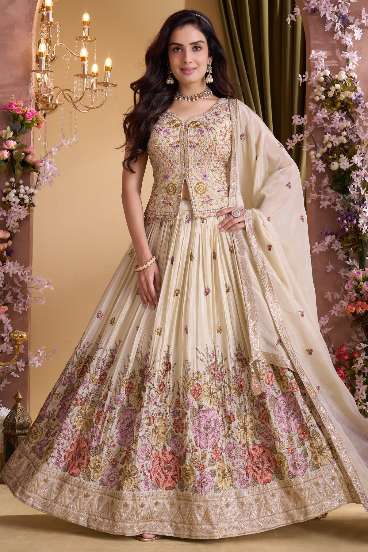 Cream chinon embroidered lehenga full-length view with long peplum blouse