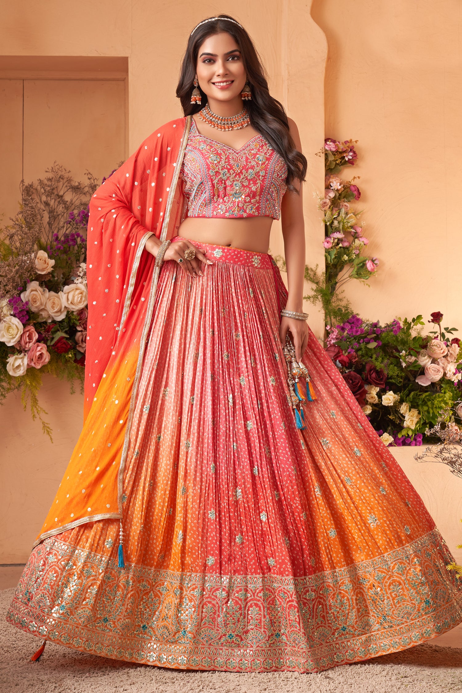 Designer Multi Colored Ombre Chinon Crepe Silk Bandhej Printed Lehenga for festive wear