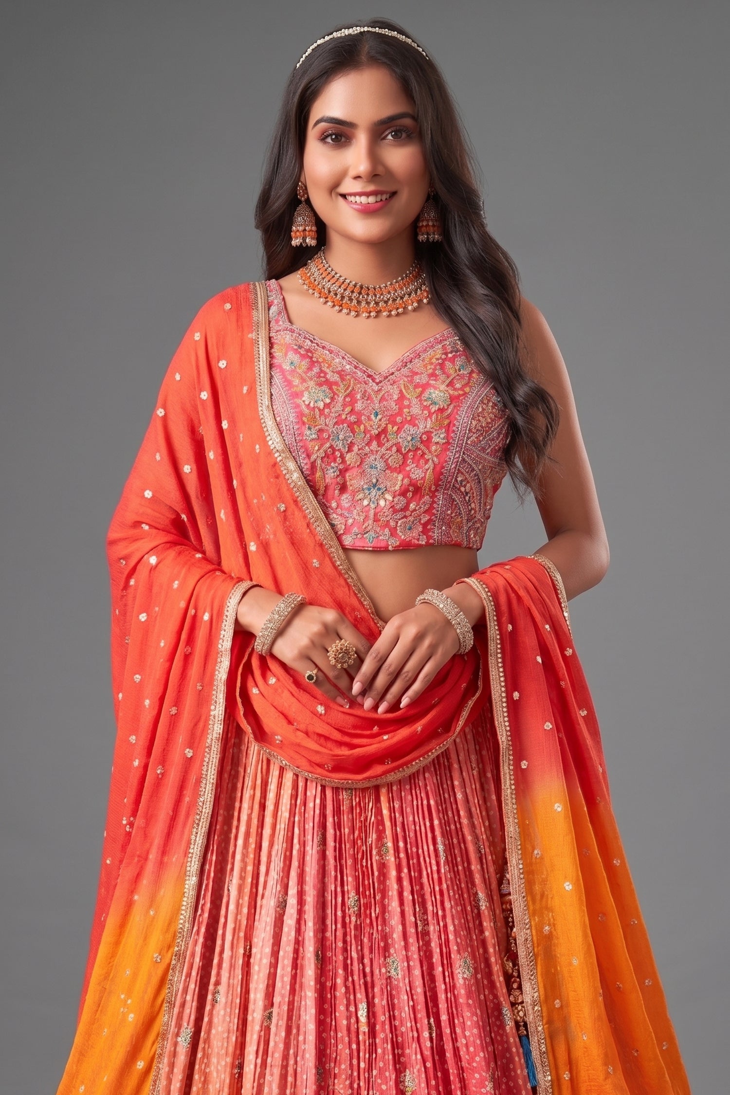 Close-up of Bandhej prints on Multi Colored Ombre Chinon Crepe Lehenga