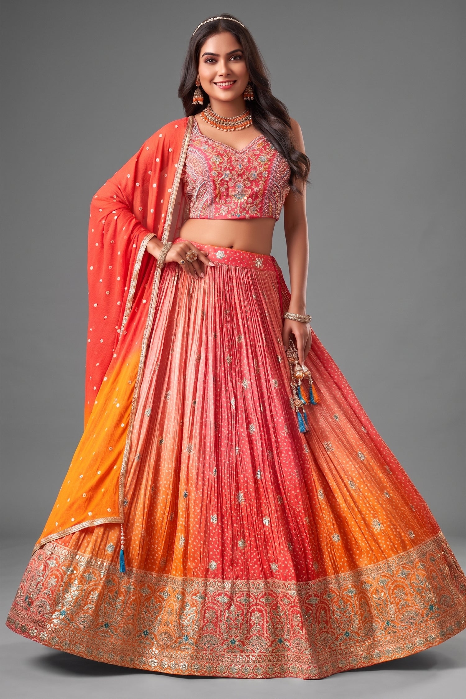 Multi Colored Ombre Chinon Crepe Lehenga - Front View