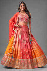 Multi Colored Ombre Chinon Crepe Lehenga - Front View