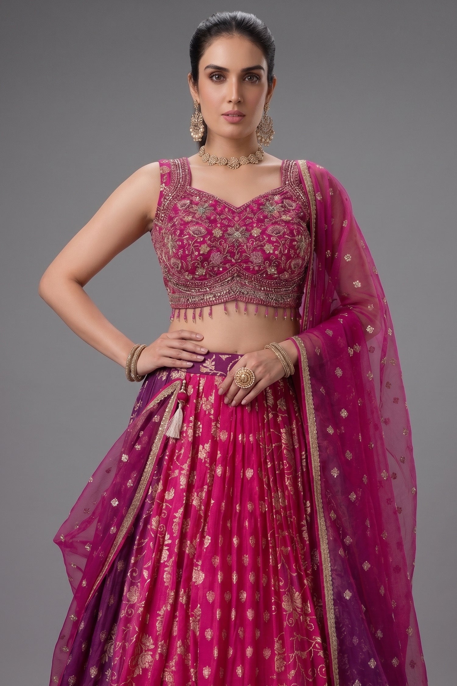 Close-up of woven patterns on Multi Colored Ombre Georgette Woven Lehenga