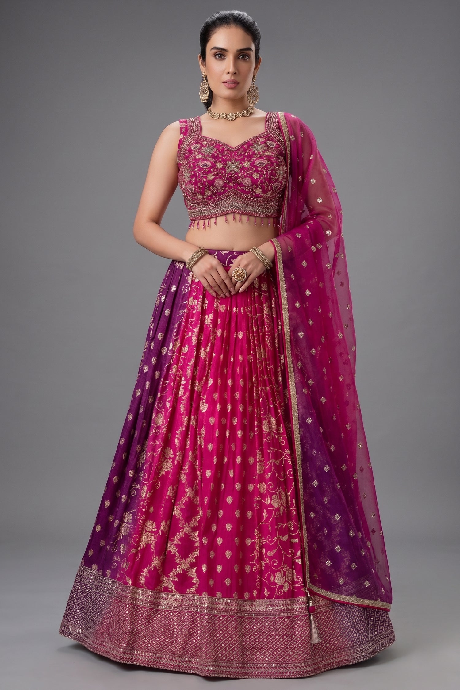 Multi Colored Ombre Georgette Woven Lehenga - Front View