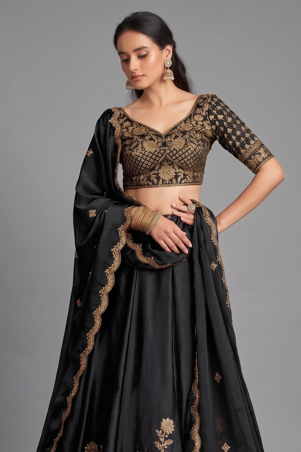 Black Art Silk Lehenga with Embroidery