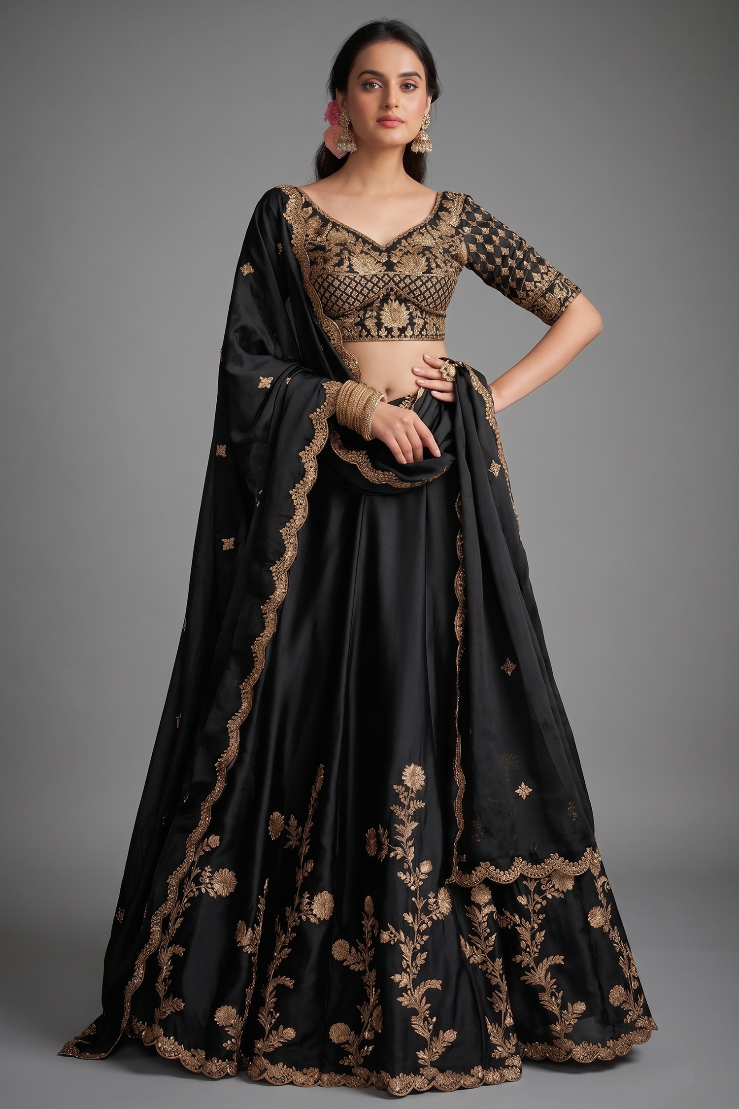 Black Art Silk Lehenga with Embroidery