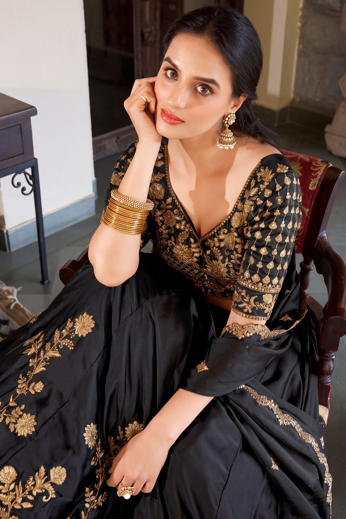 Black Art Silk Lehenga with Embroidery