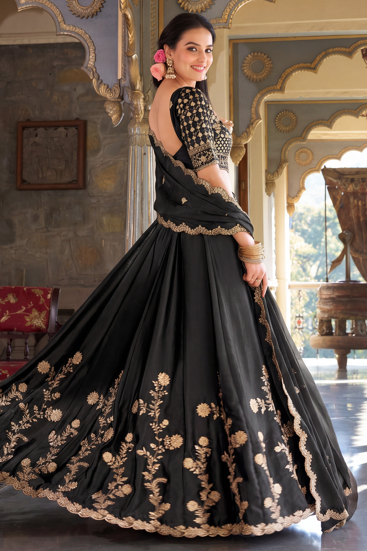 Black Art Silk Lehenga with Embroidery