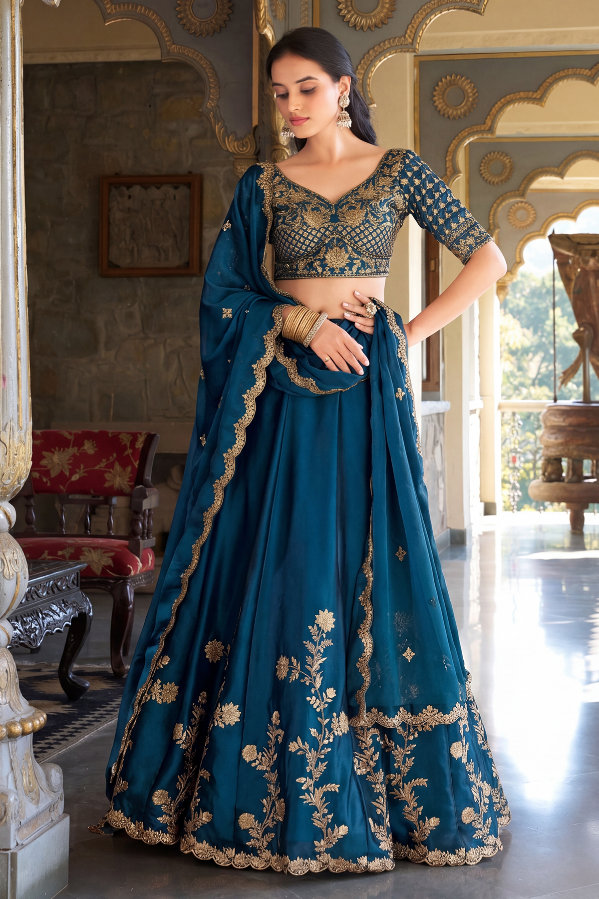 Rama Blue Art Silk Lehenga with Embroidery