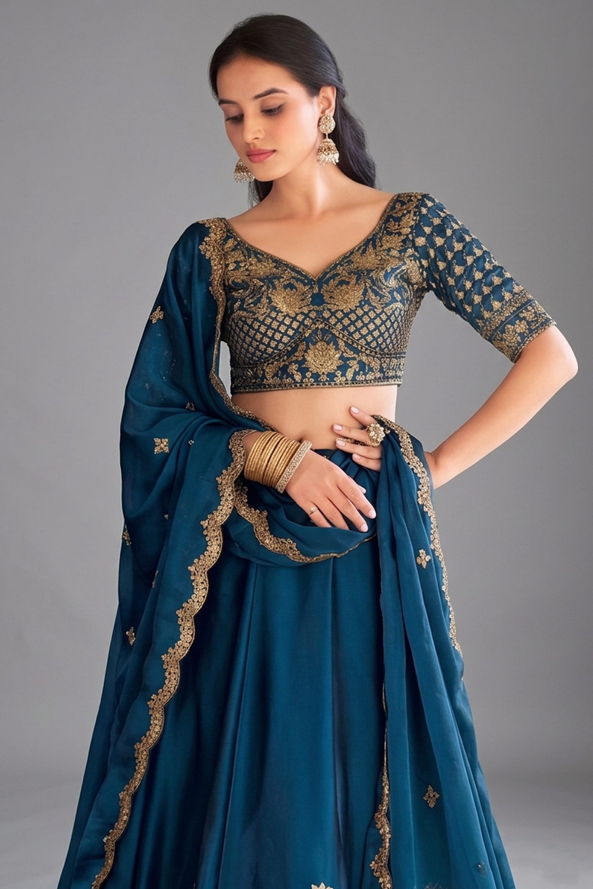 Rama Blue Art Silk Lehenga with Embroidery