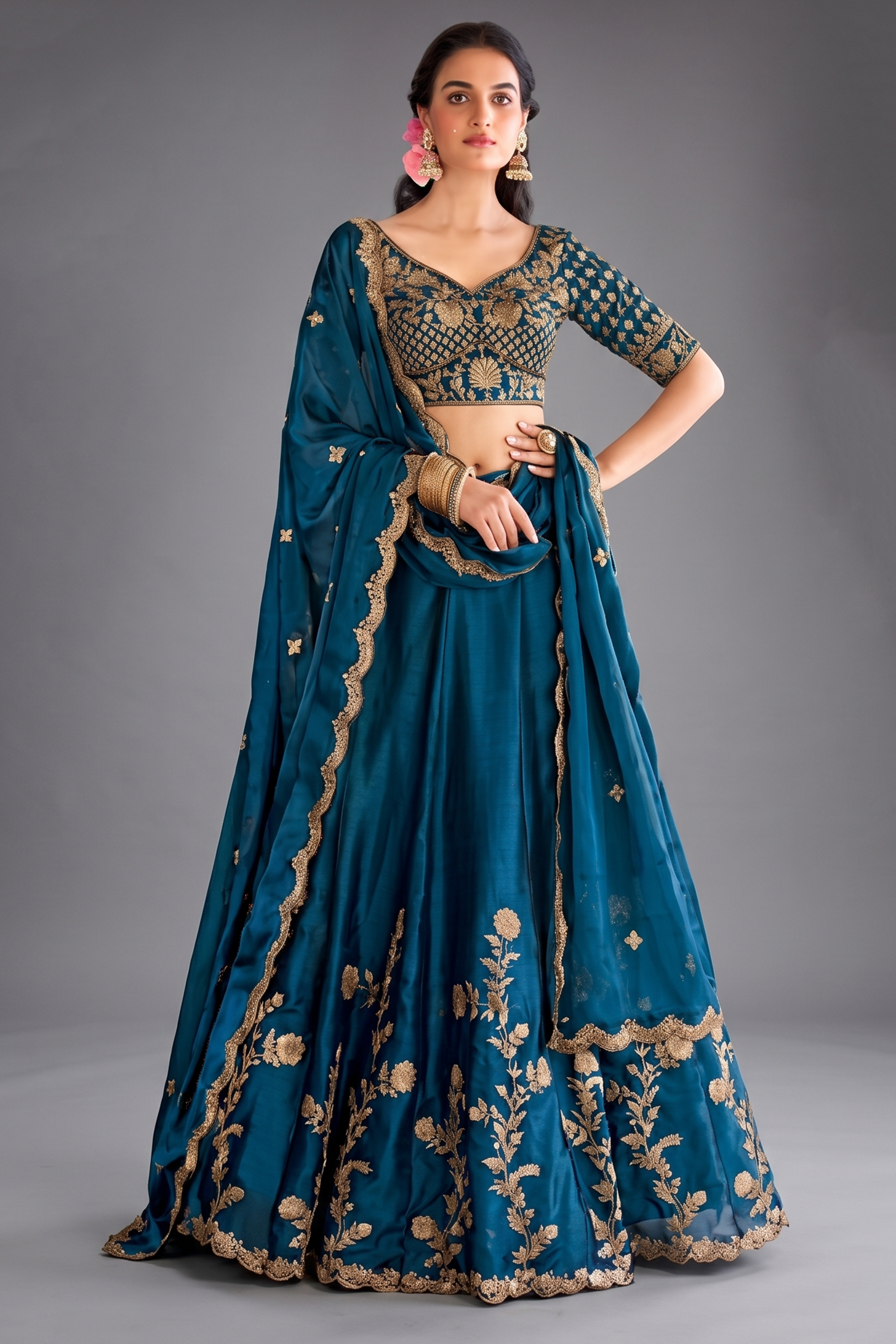 Rama Blue Art Silk Lehenga with Embroidery