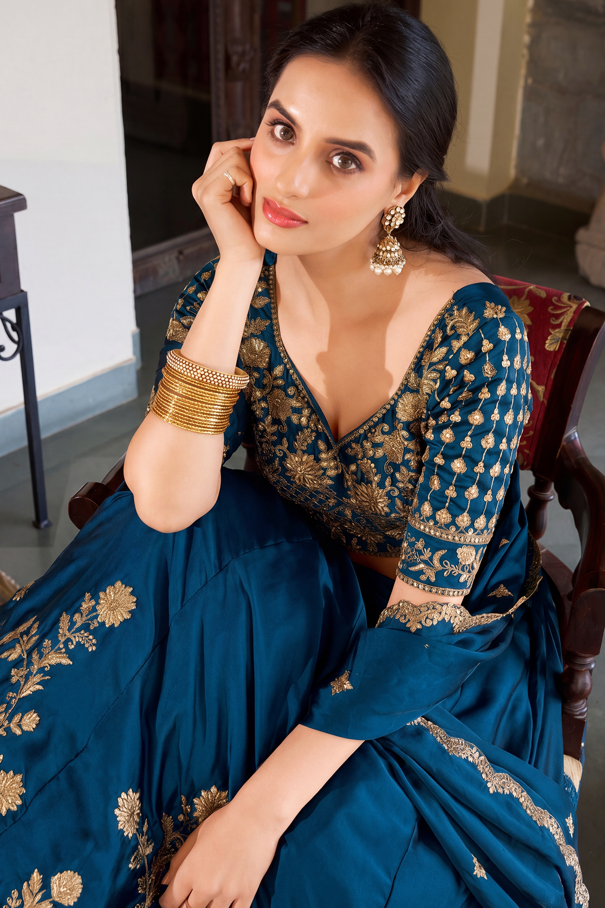 Rama Blue Art Silk Lehenga with Embroidery