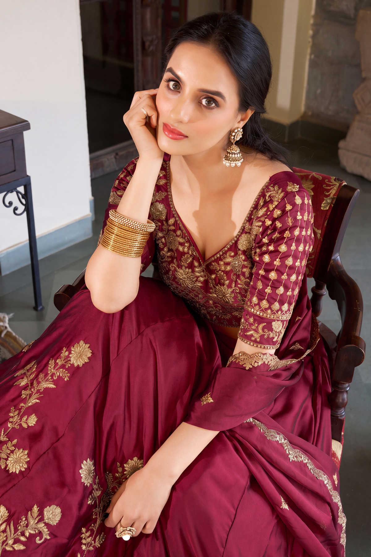 Maroon Art Silk Lehenga with Embroidery