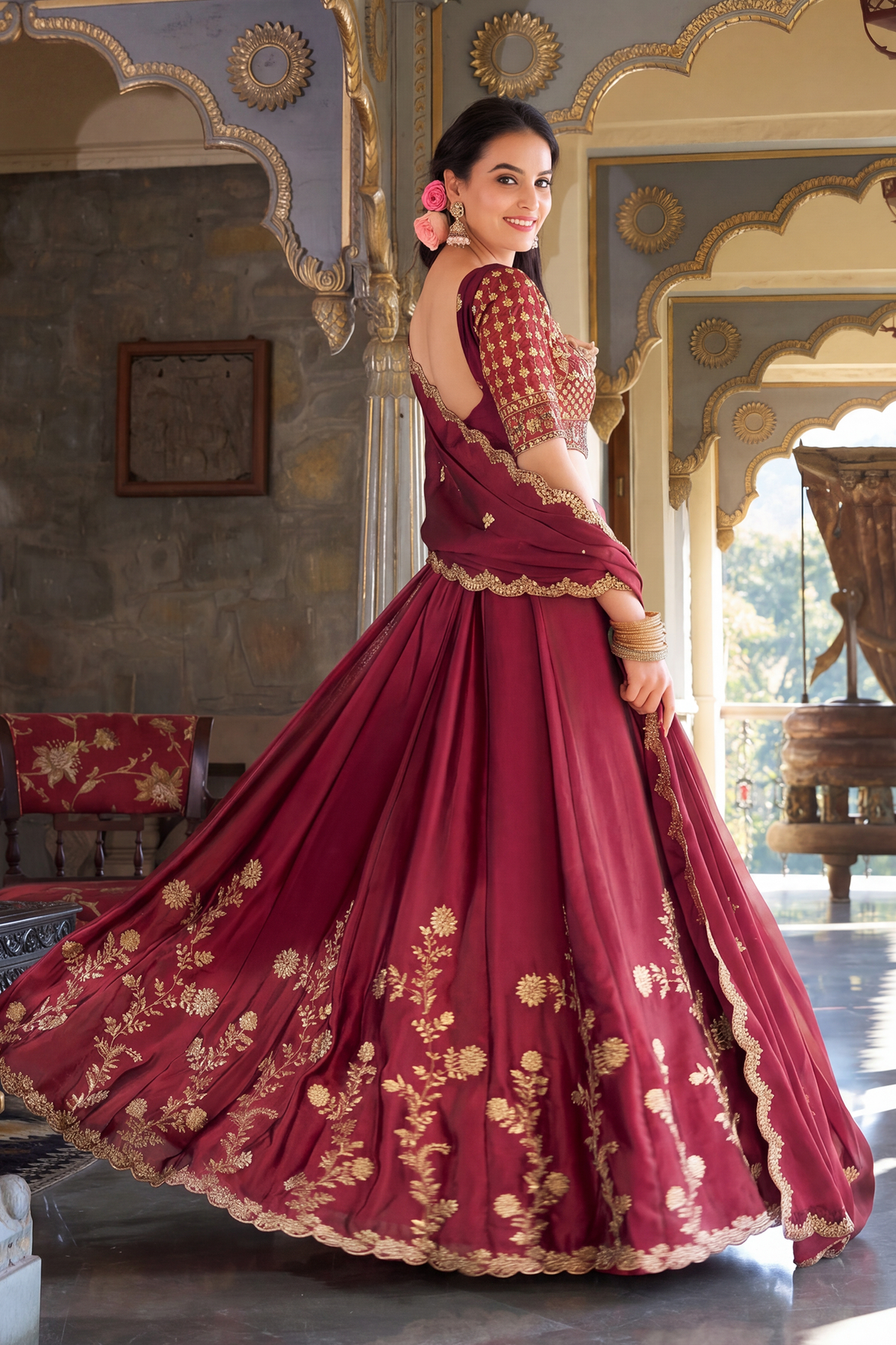 Maroon Art Silk Lehenga with Embroidery