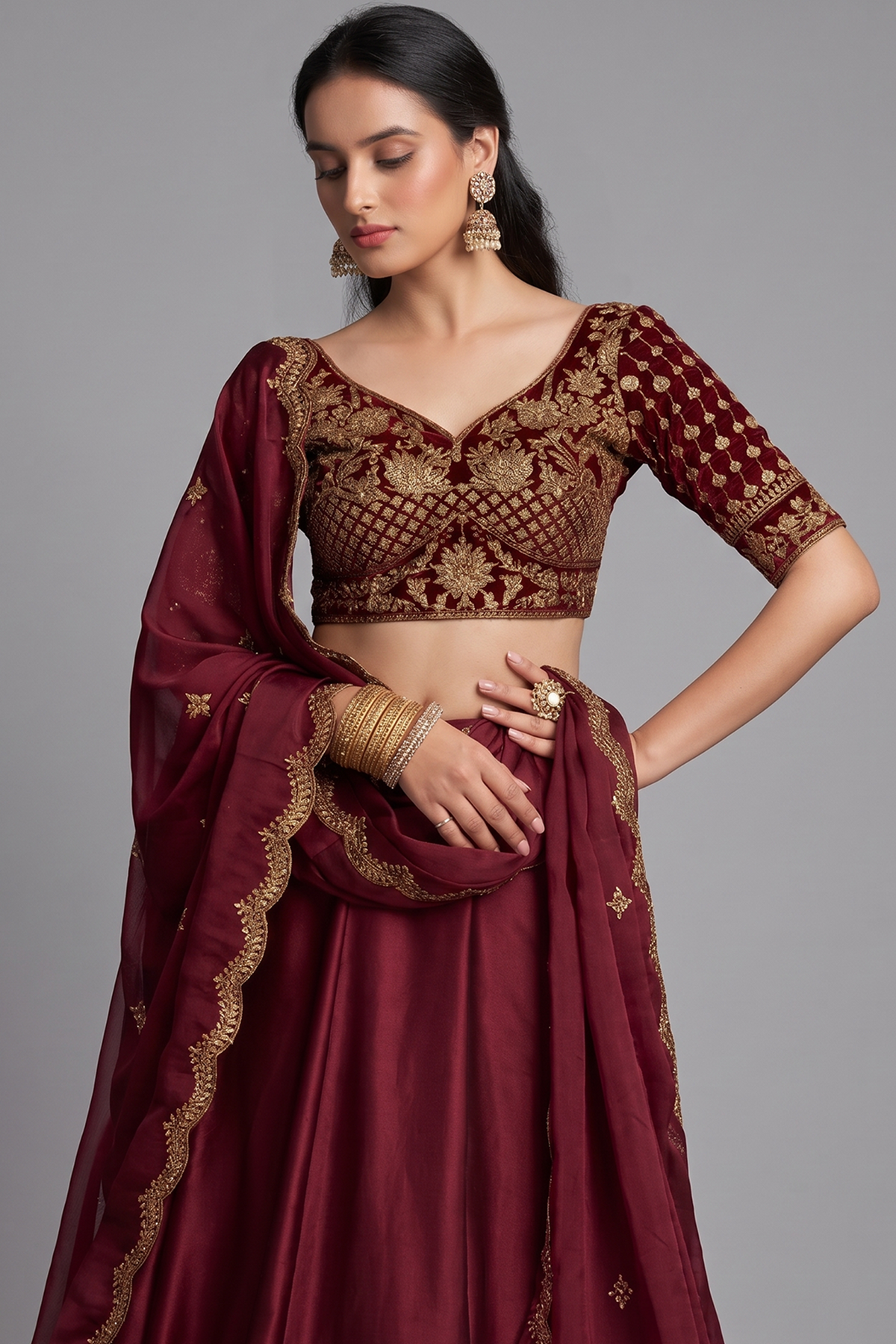 Maroon Art Silk Lehenga with Embroidery