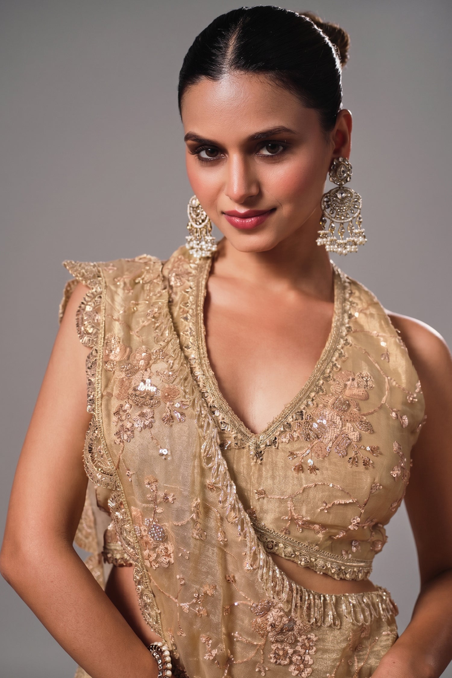 Metallic Beige Crushed Tissue Festive Lehenga Choli Secondary image