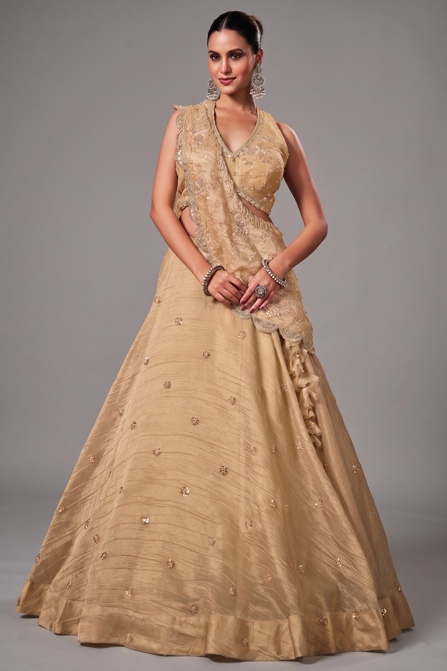 Metallic Beige Crushed Tissue Festive Lehenga Choli Main image