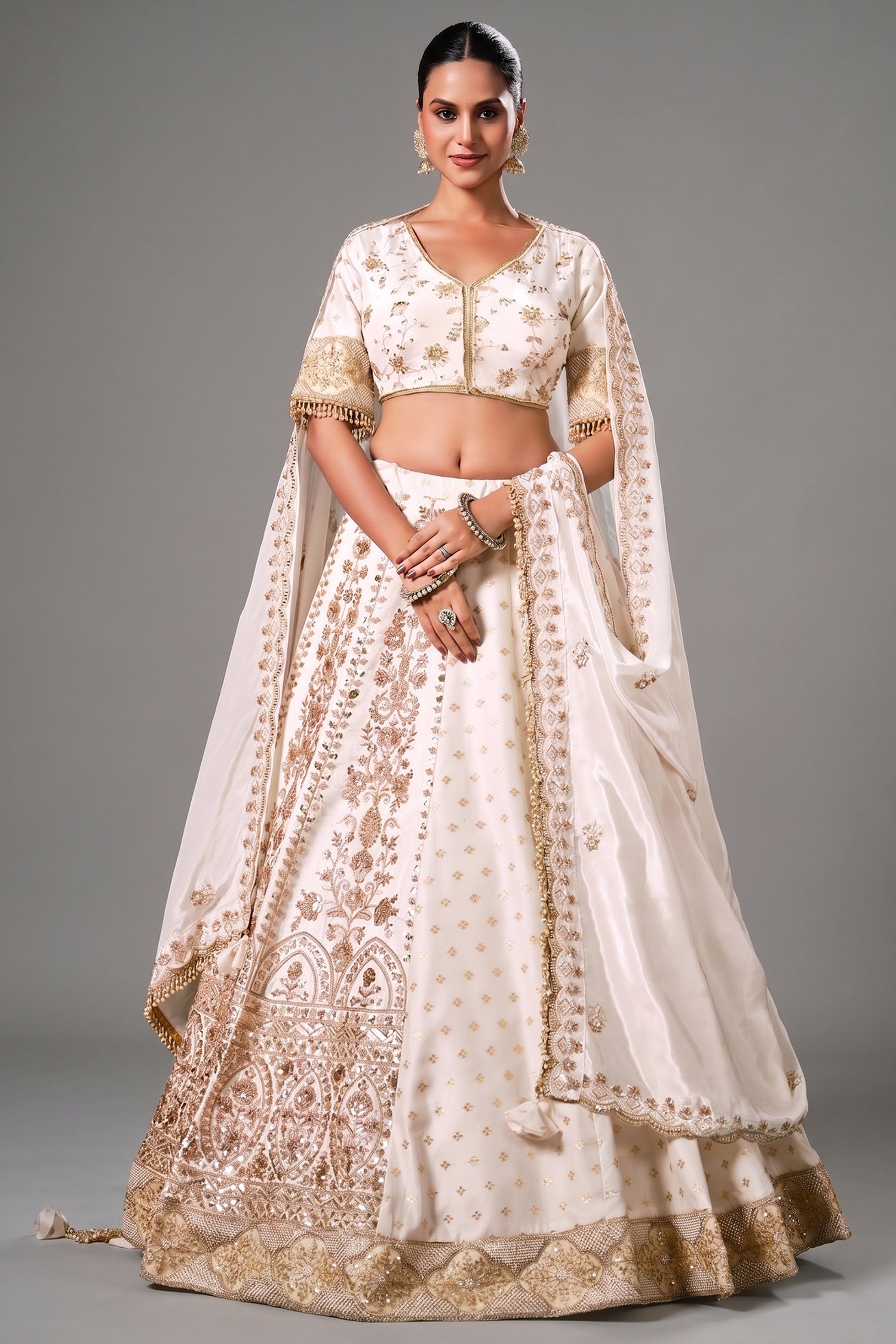 Ivory Premium Dola Silk Lehenga with Intricate Handcrafted Borders