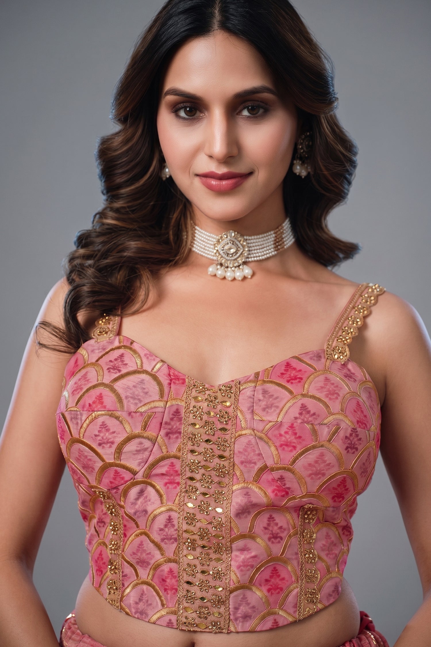 Onion Pink Brocade Lehenga with Crushed Tissue Dupatta and Embroidered Choli Secondary image