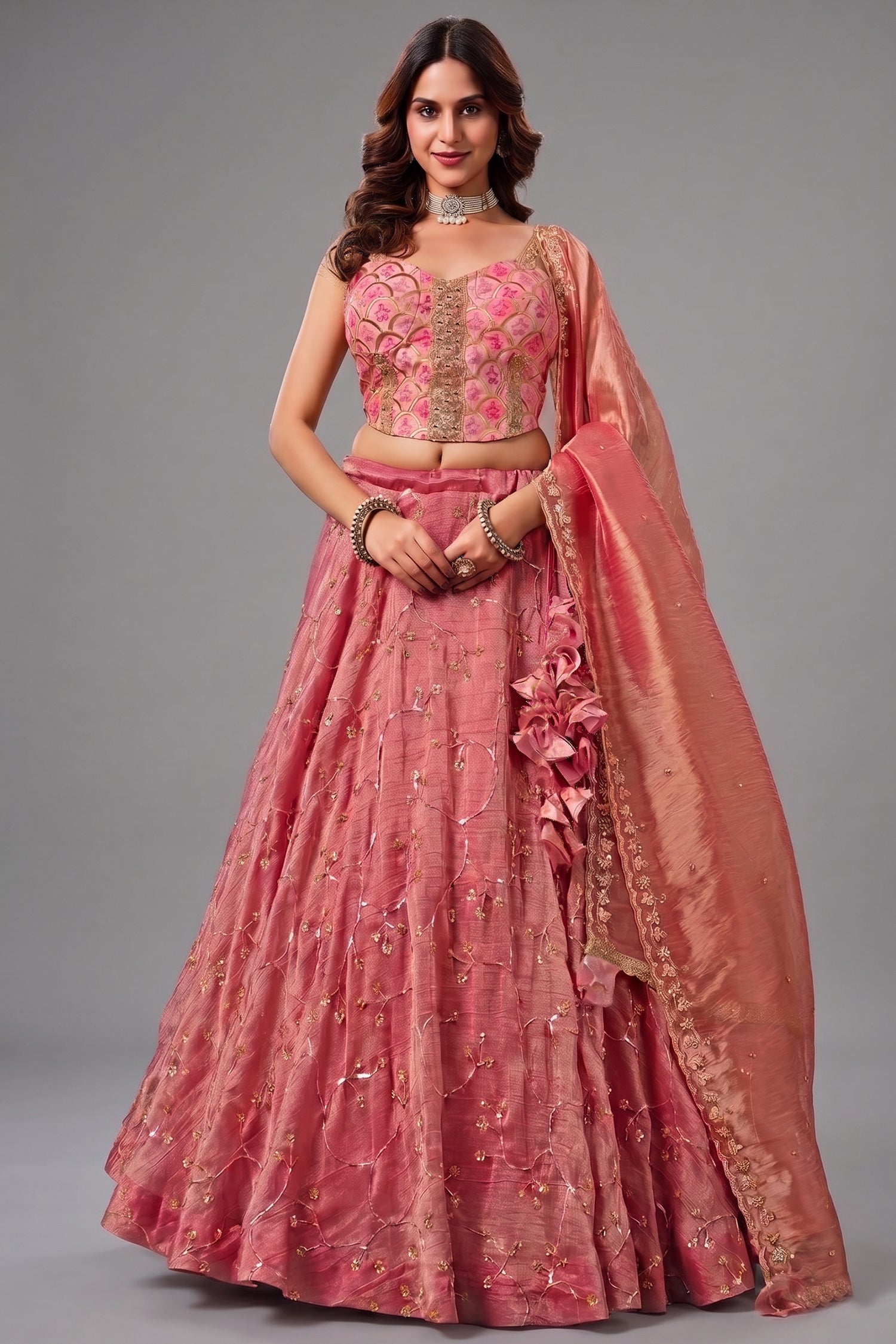 Onion Pink Brocade Lehenga with Crushed Tissue Dupatta and Embroidered Choli Main image