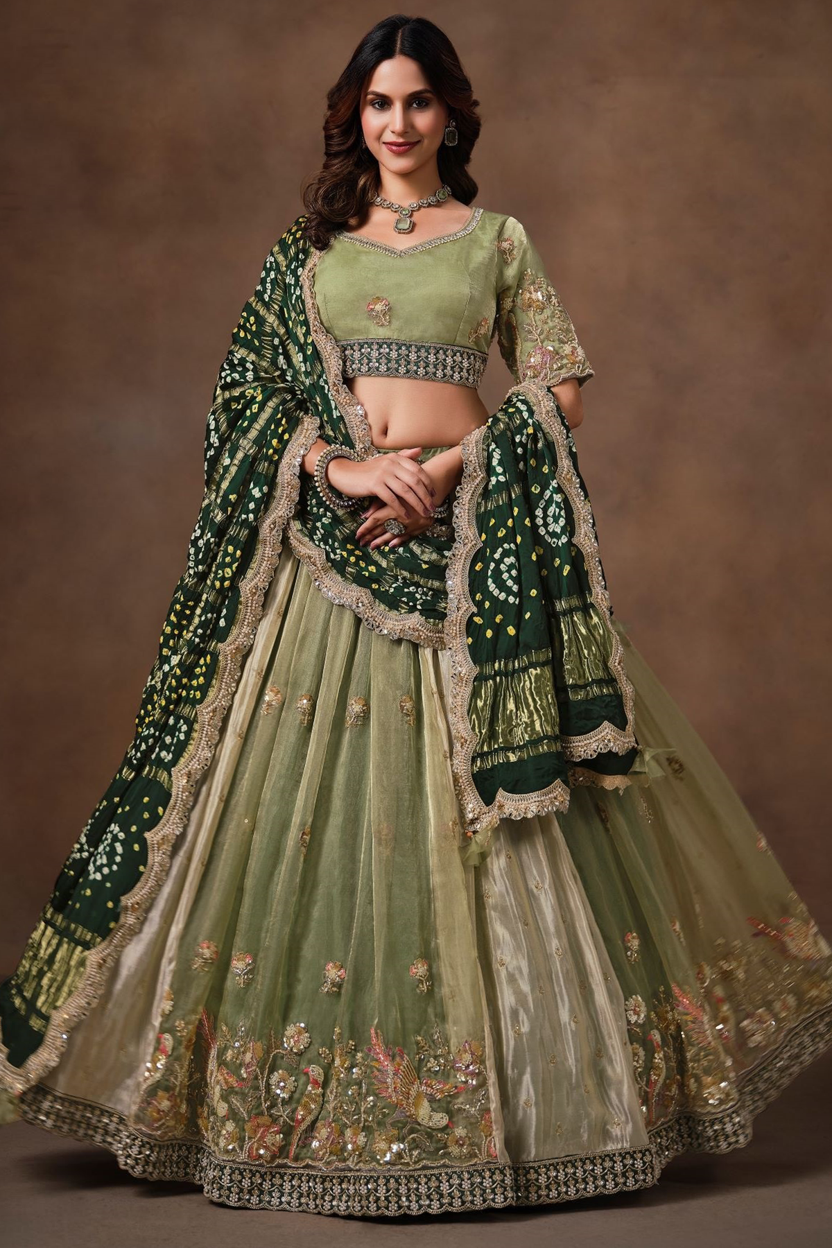 Sage Green Glass Tissue Lehenga Choli with Green Bandhej Dupatta