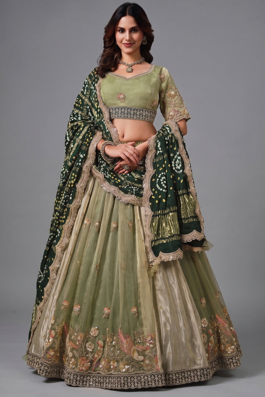 Sage Green Glass Tissue Lehenga Choli with Green Bandhej Dupatta