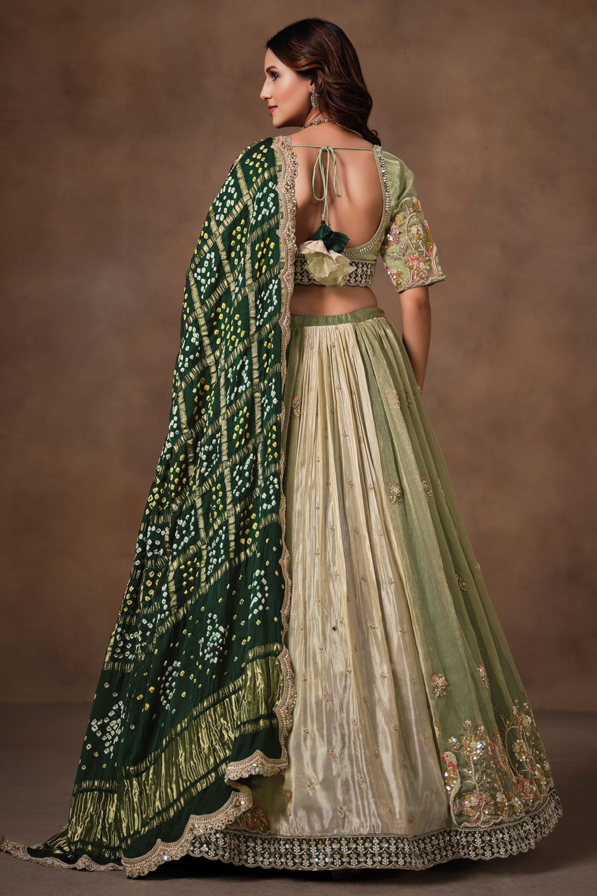 Sage Green Glass Tissue Lehenga Choli with Green Bandhej Dupatta