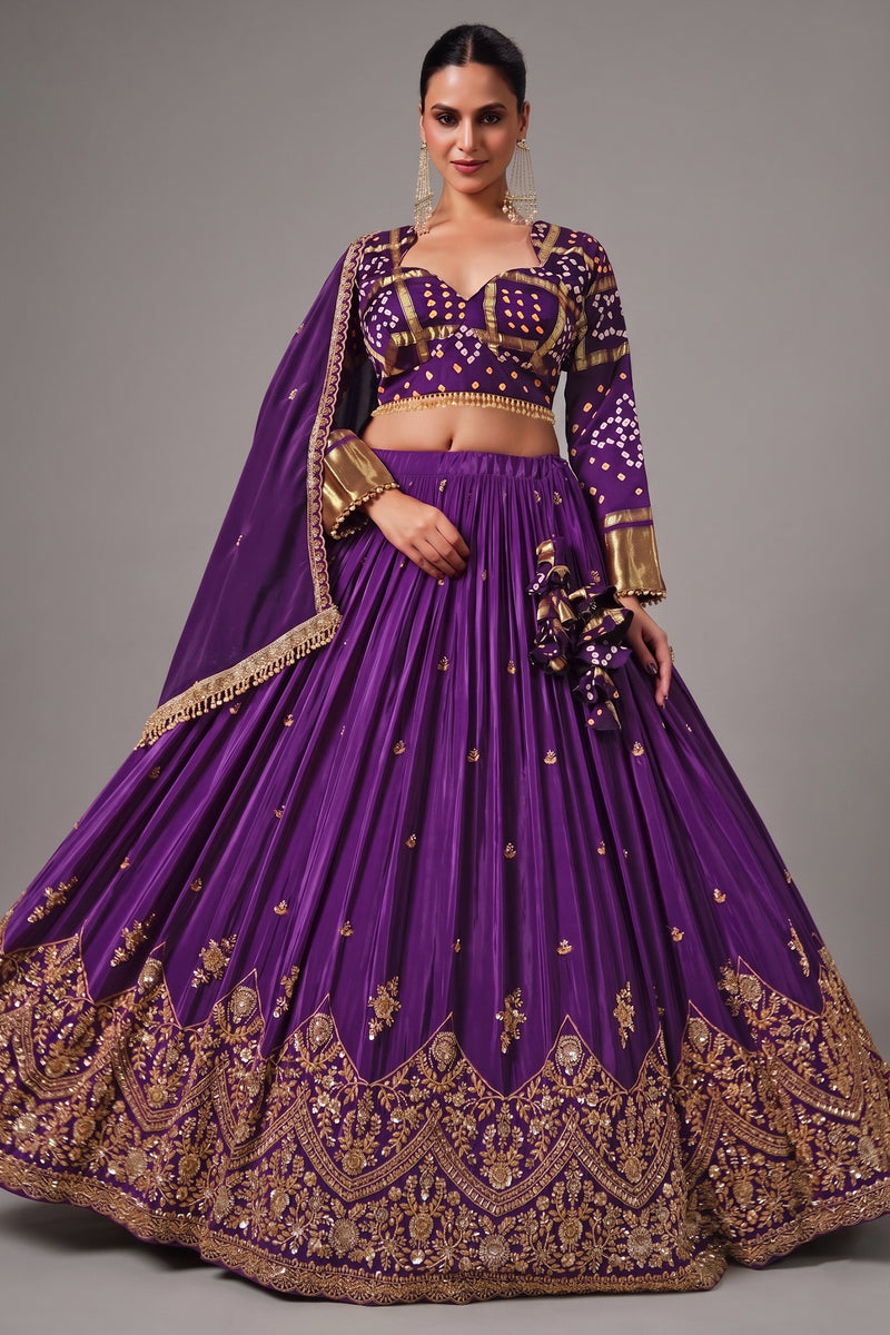 Deep Purple Crape Lehenga with Bandhani Choli