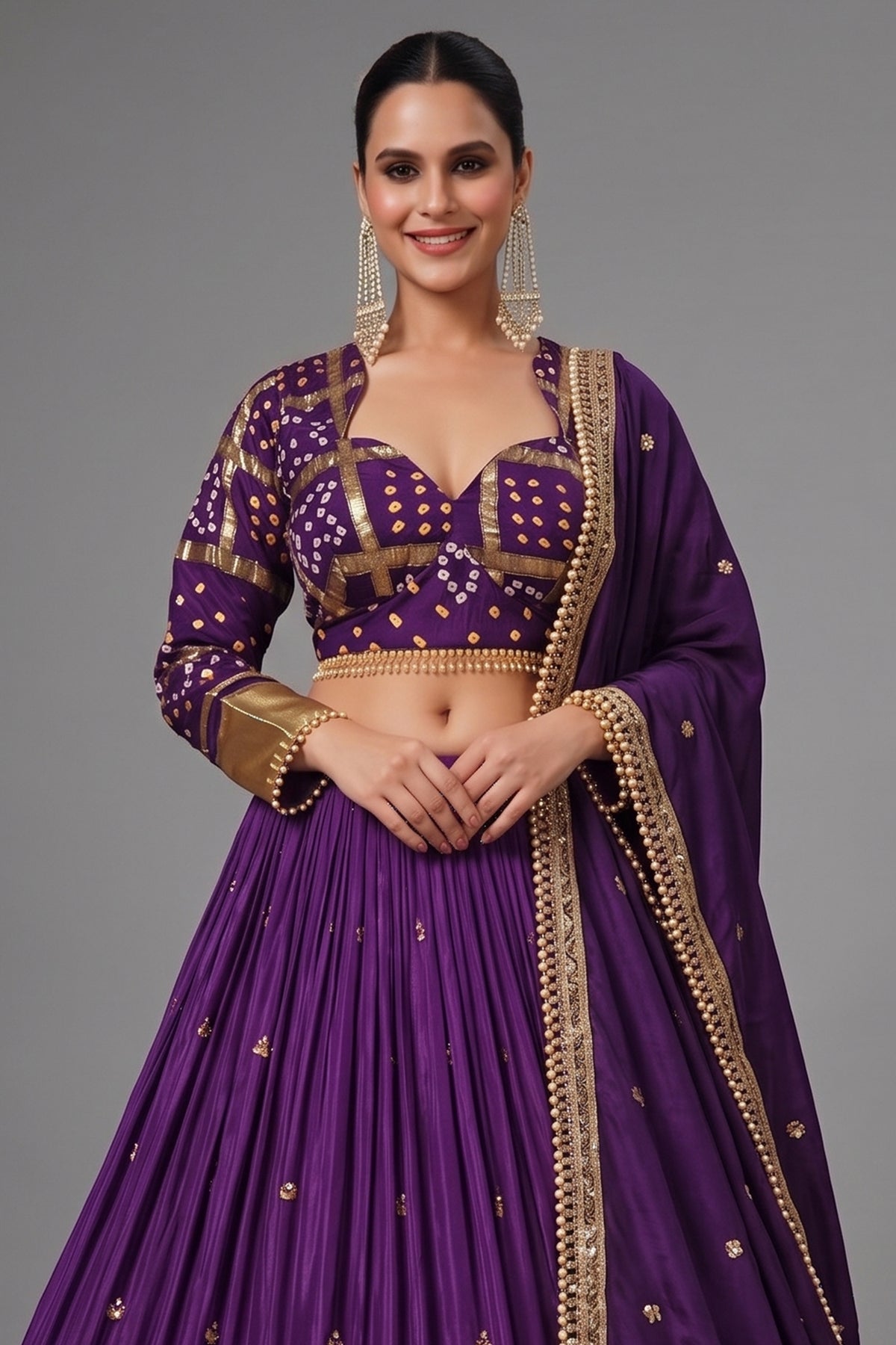 Deep Purple Crape Lehenga with Bandhani Choli