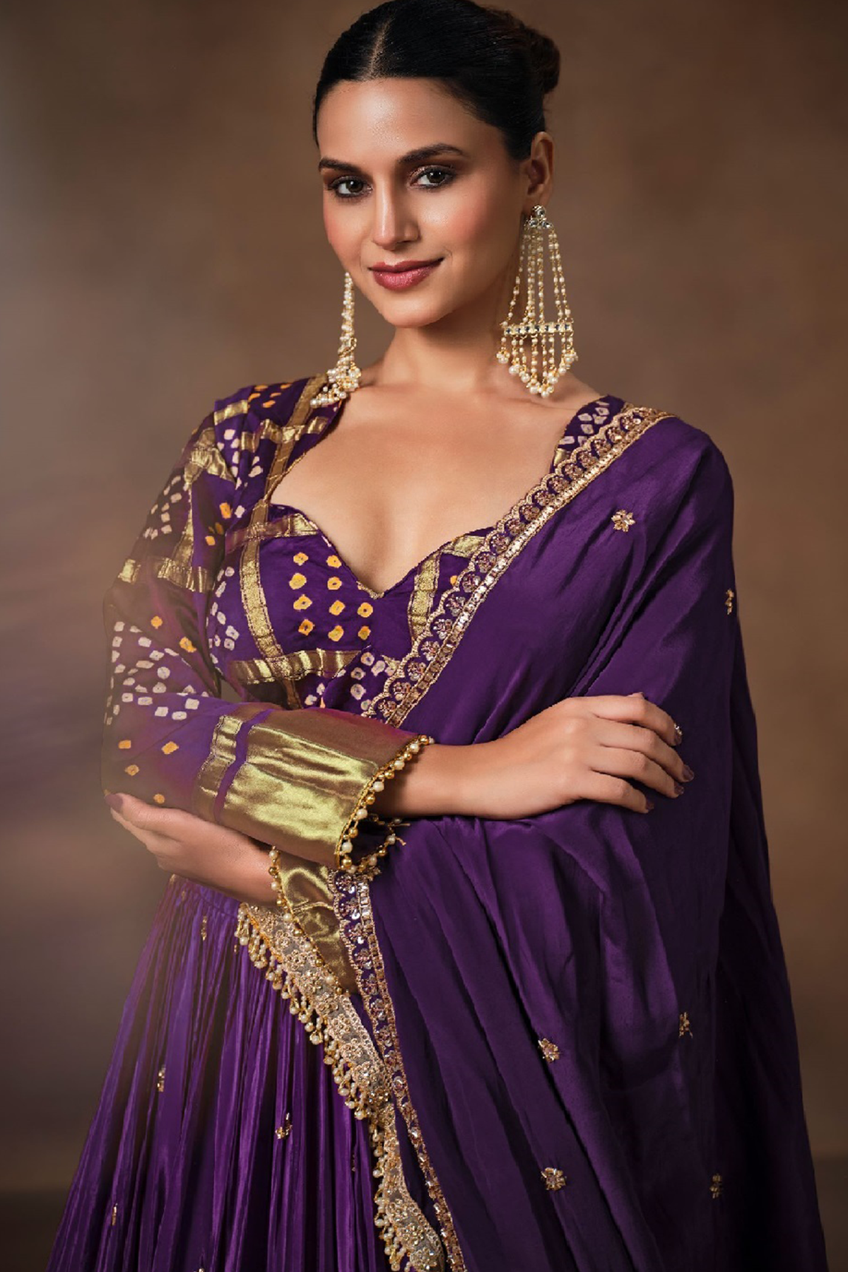 Deep Purple Crape Lehenga with Bandhani Choli