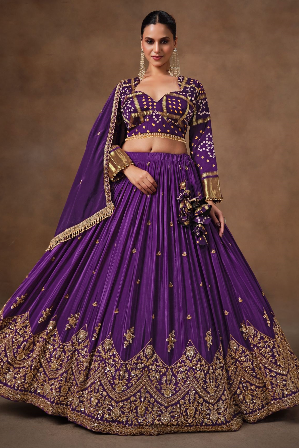 Deep Purple Crape Lehenga with Bandhani Choli